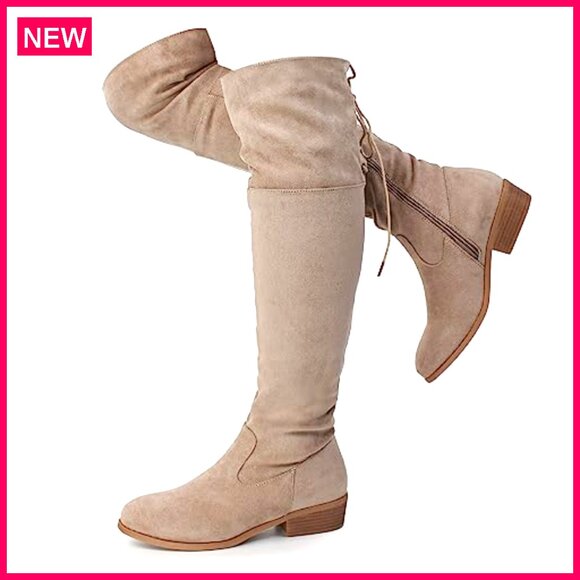 Thigh High Over The Knee Boots Low Heel Faux Suede Zipper Adjustable - Picture 2 of 8